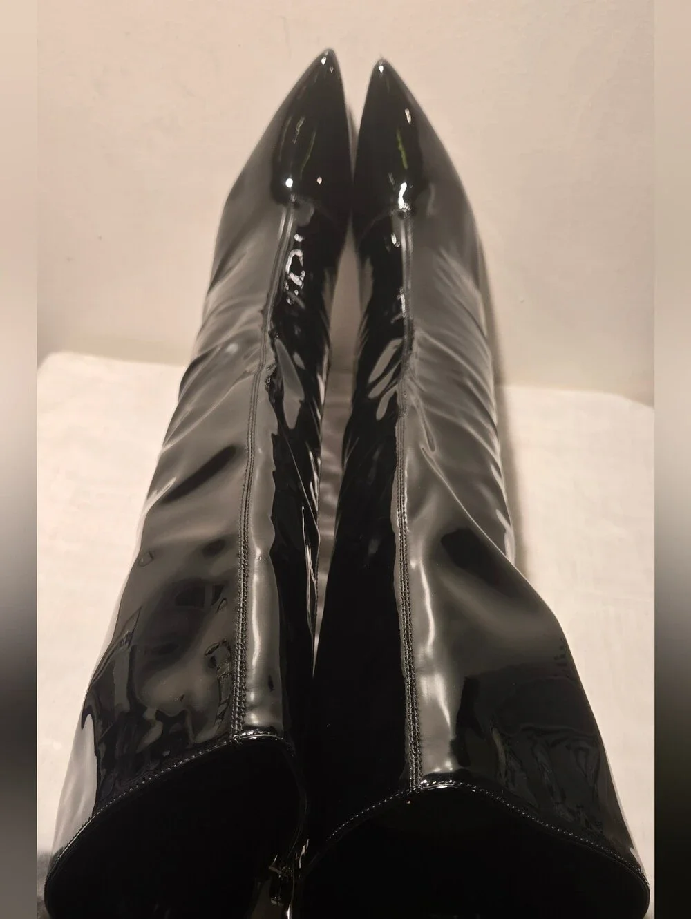 Fashion Nova Black Patent Pointed Toe Knee-High Stiletto Boots.